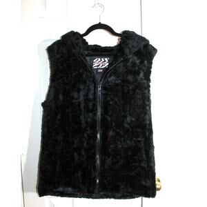 Maria Dionisiou Vintage Black Faux Fur Teddy Hooded Zip Vest sz L
